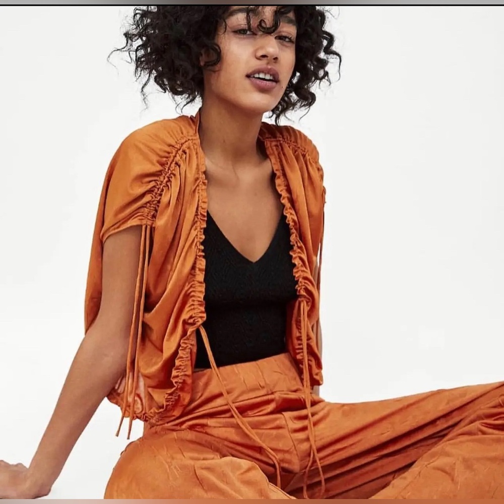 Zara Orange Drawstring Shoulder Crop Top